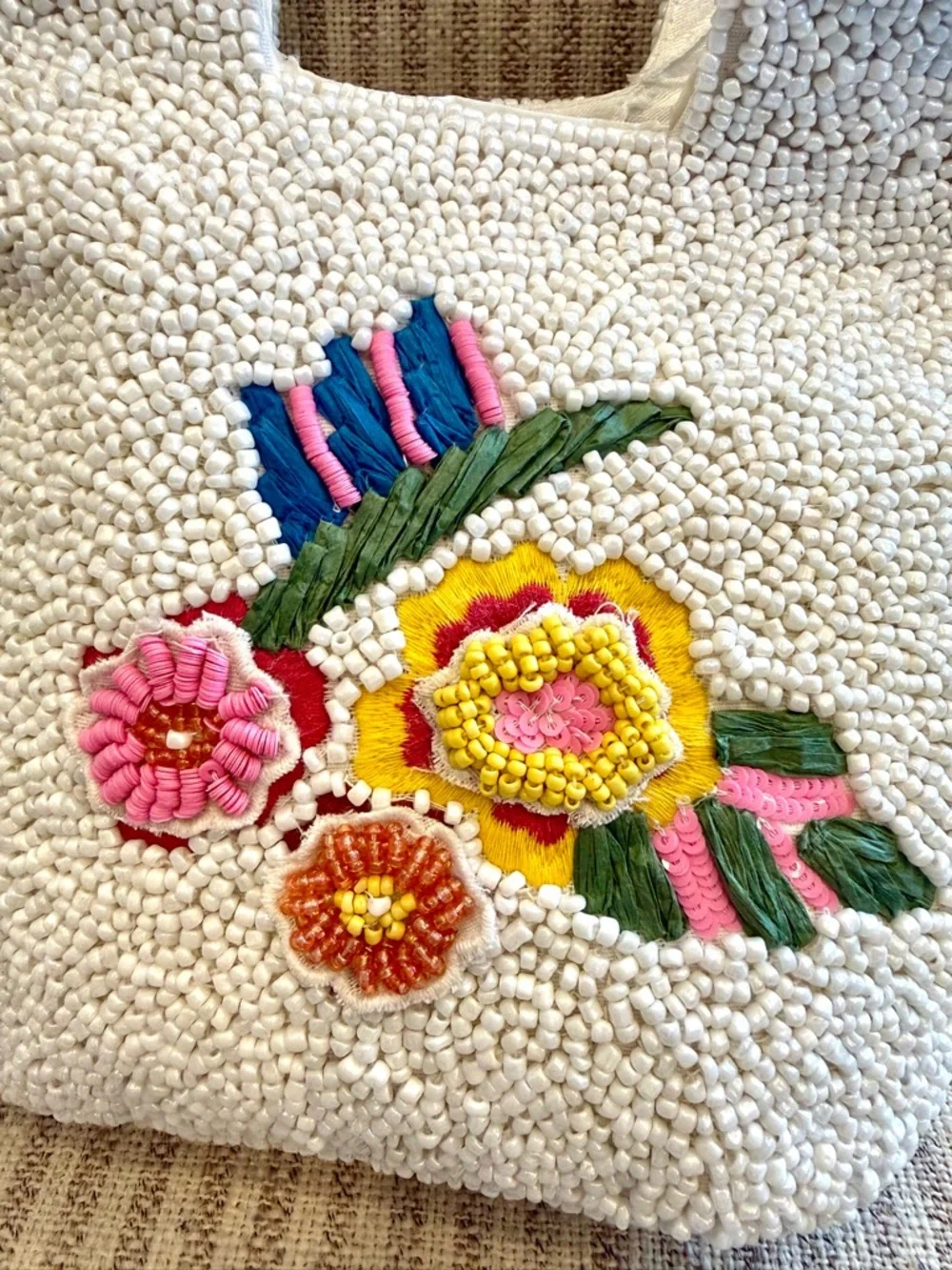 Made in India White Beaded Tote w/ Colorful Embroidered Parrot & Floral Accents - Picture 4 of 7